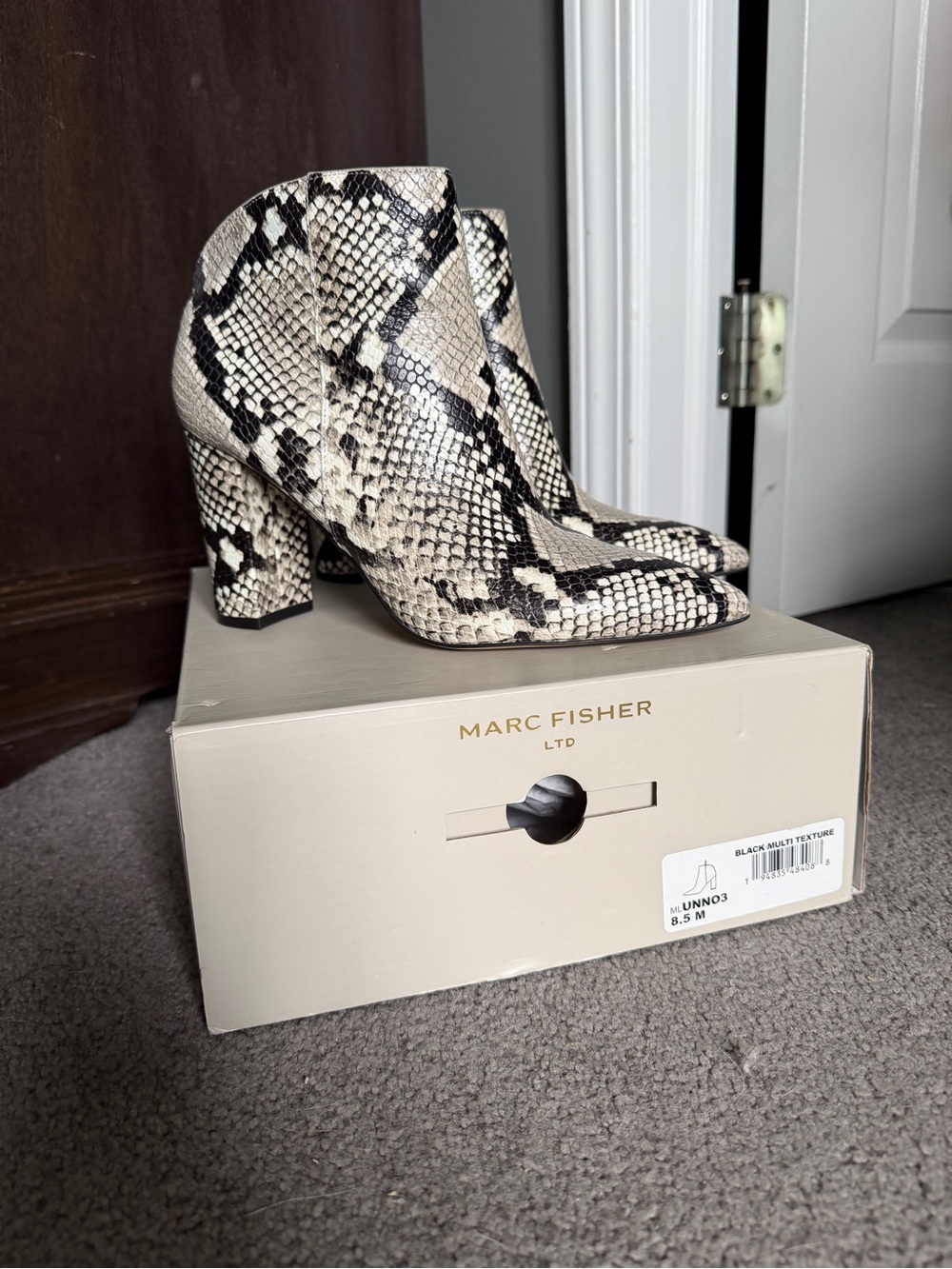 Marc Fisher Black & Cream Snake-Print Ankle Booties